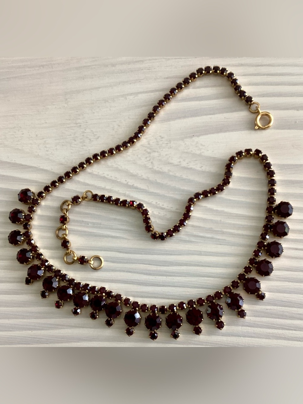 Vintage Mid-Century 50s-60s Czech Style Garnet Red Rhinestone Fringe Choker 18”